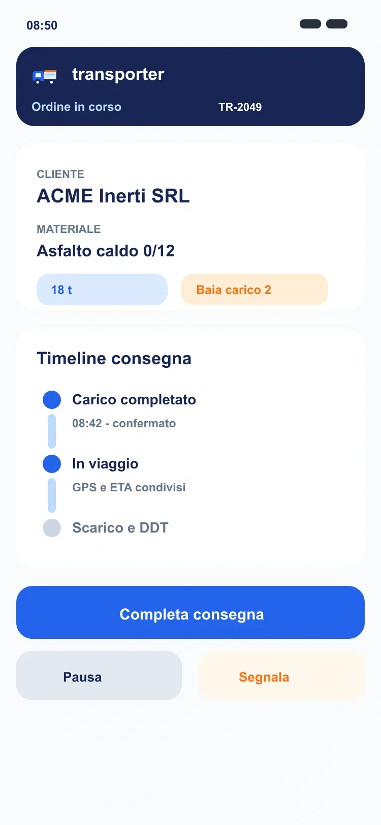 Cubos Transport driver app order screen